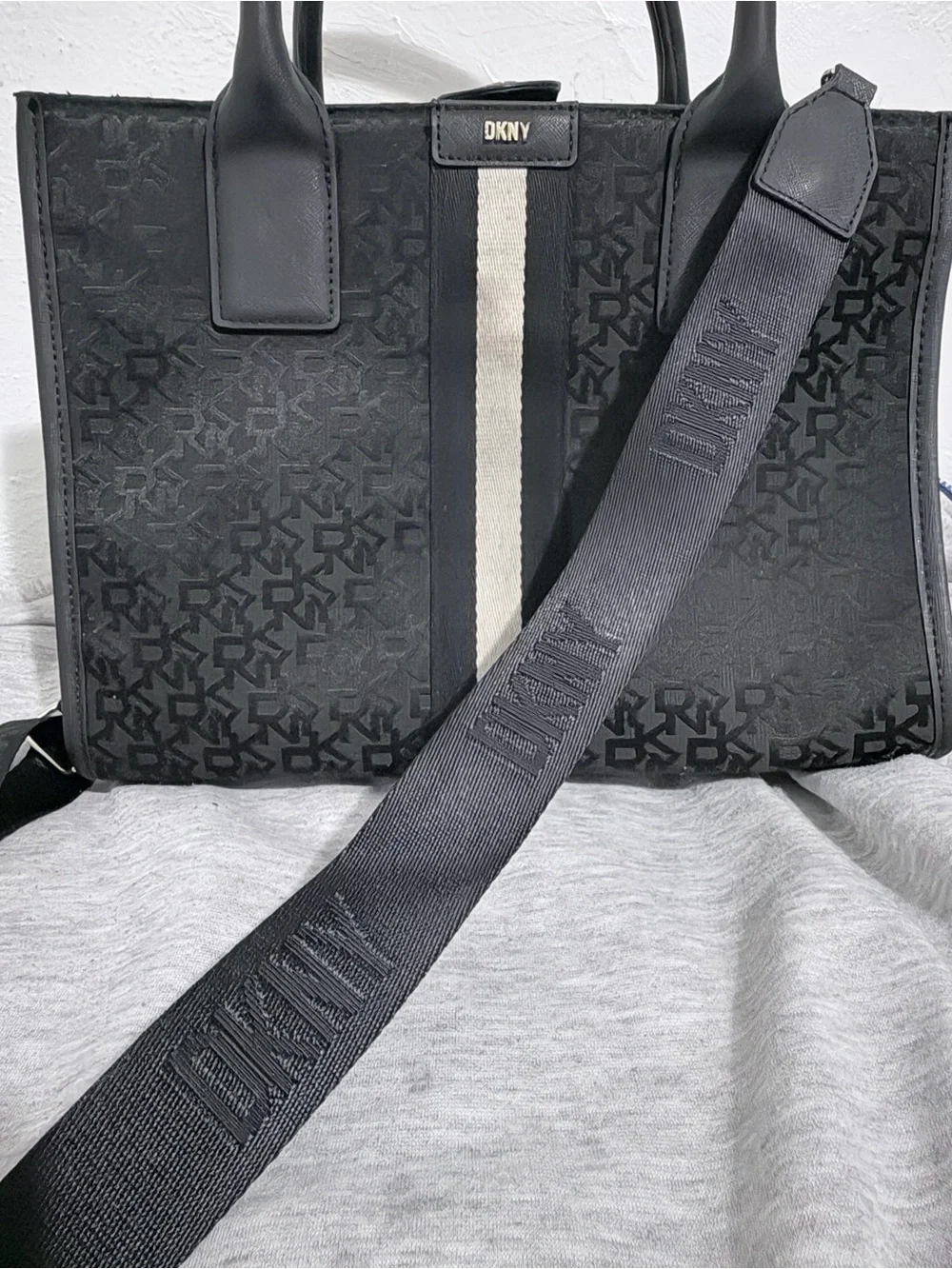 DKNY Black Tote with Ivory Center Stripe and Detachable Logo Strap